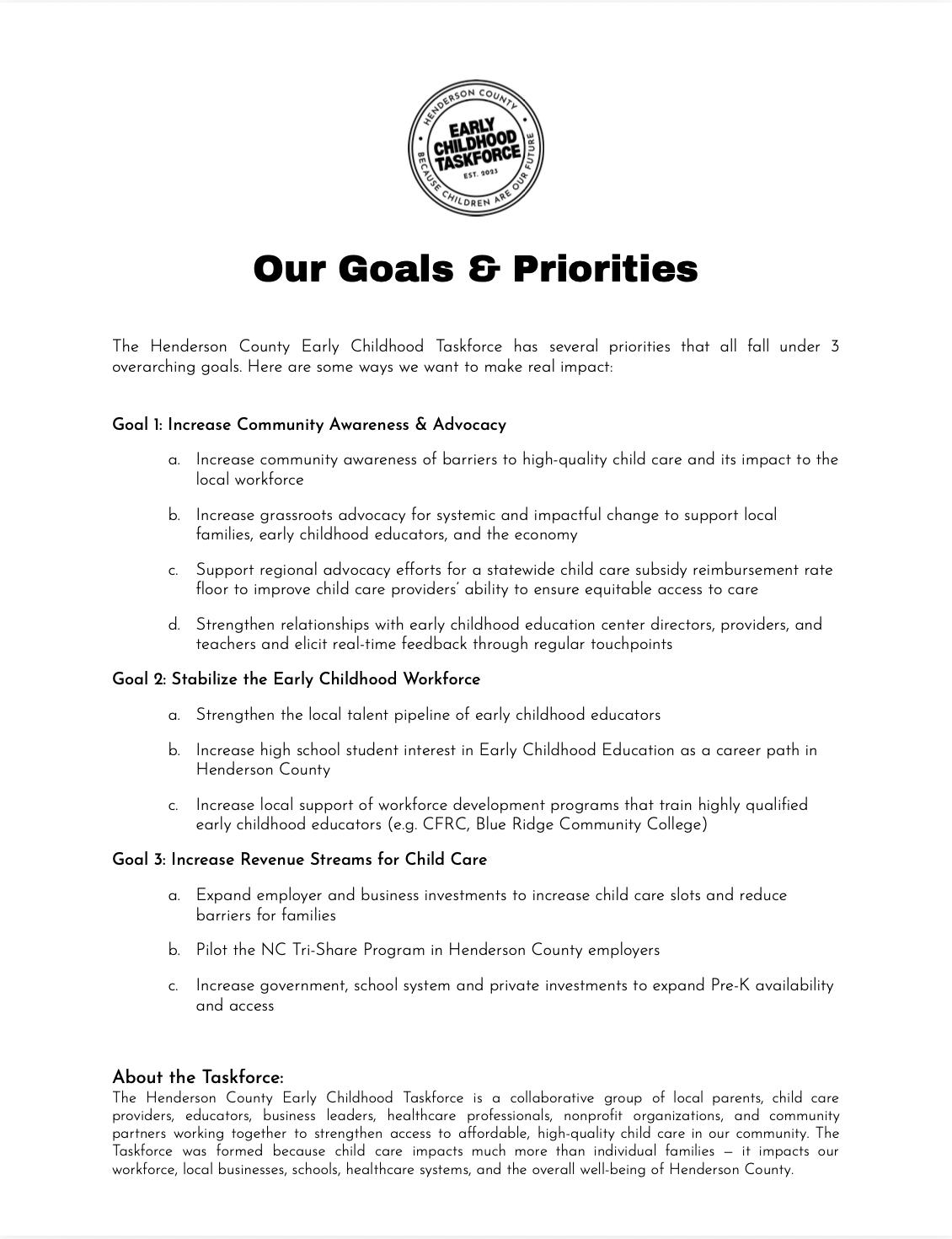 HCEC Taskforce Goals & Priorities
